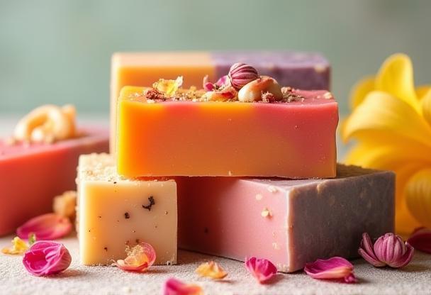 Variety of colorful handmade soap bars