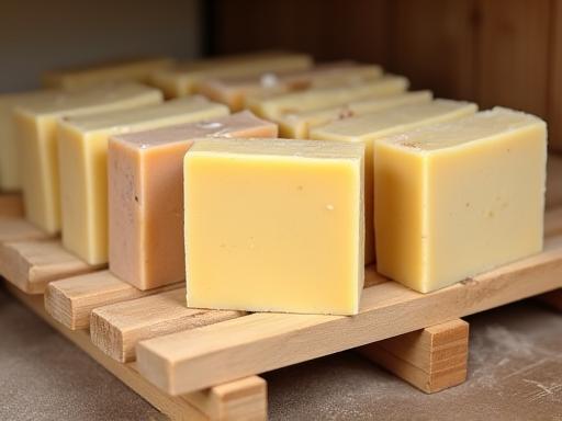 Natural soap bars curing on a rack